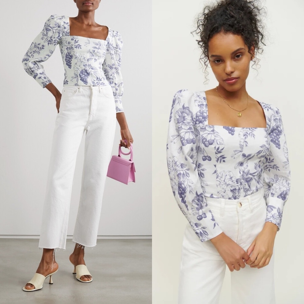 REFORMATION Stilton Smocked Floral Linen Blouse 2